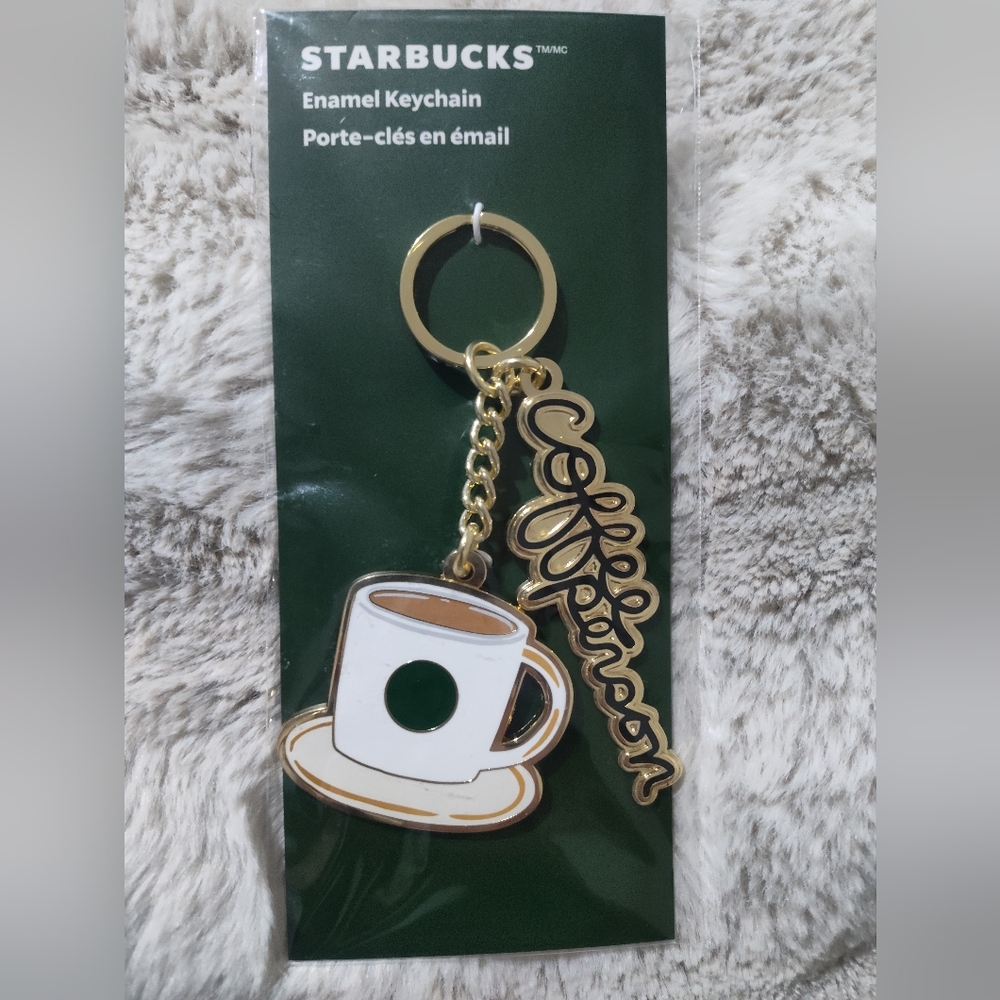 Starbucks Gold and White Coffee Cup Keychain